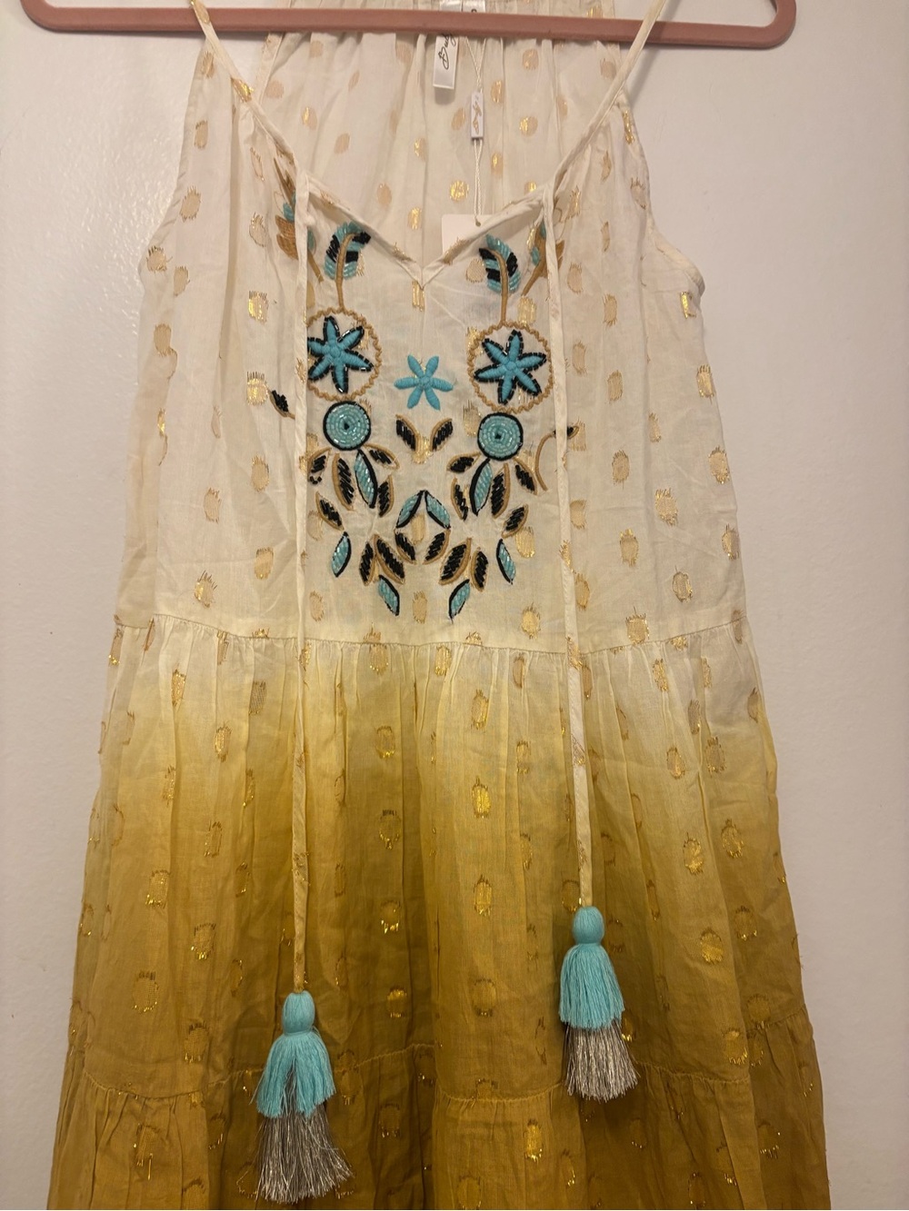 New festival boho Cream to yellow Ombre Mini Dress with Turquoise Tassels - Picture 2 of 6
